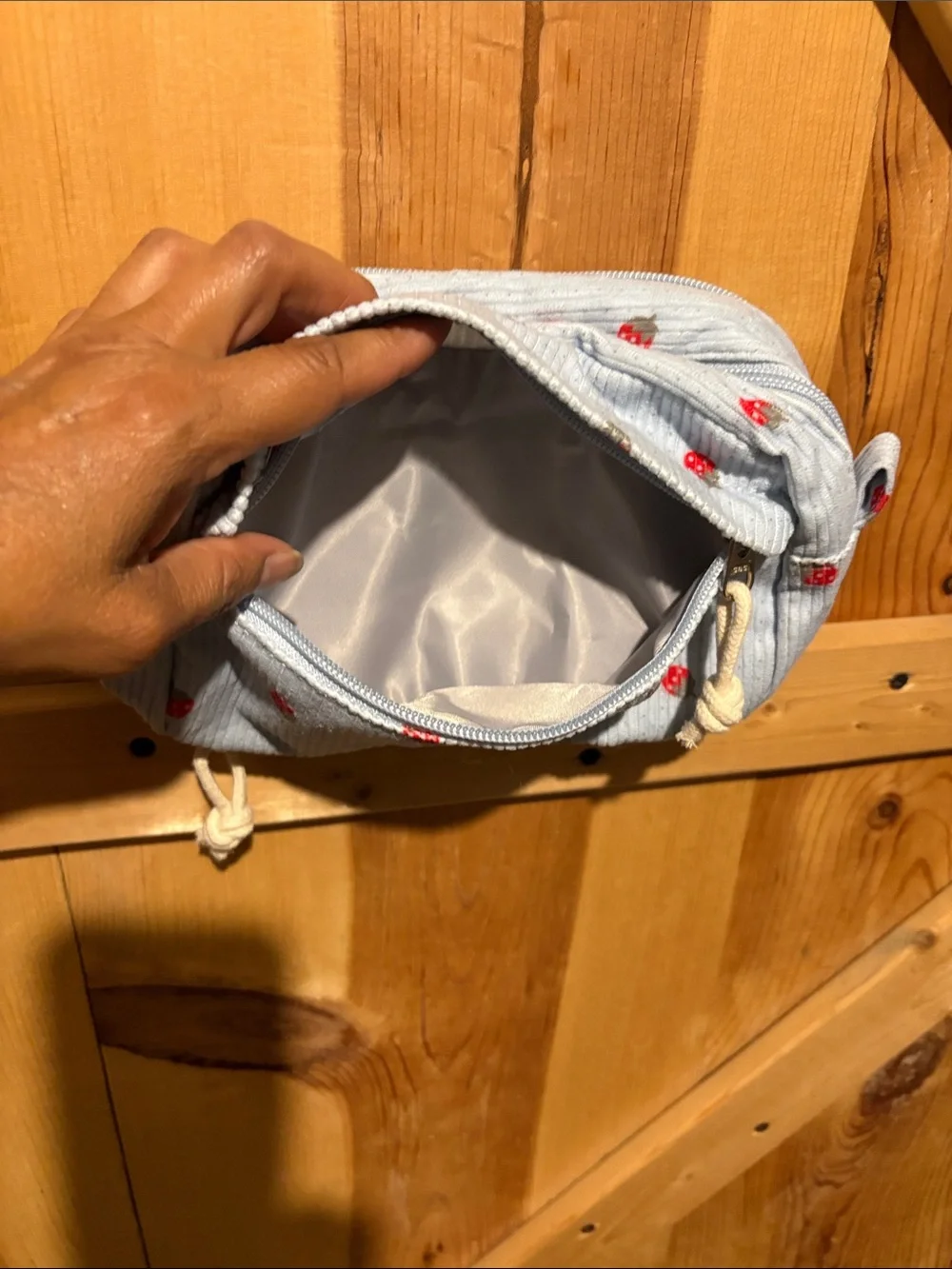 Light Blue Corduroy Kids Backpack with Strawberry Motif and Matching Pouch